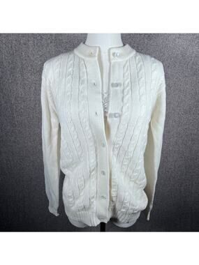Vintage 1970s White Cable Knit Button Up Women's Sweater Cottage Core Size S/M